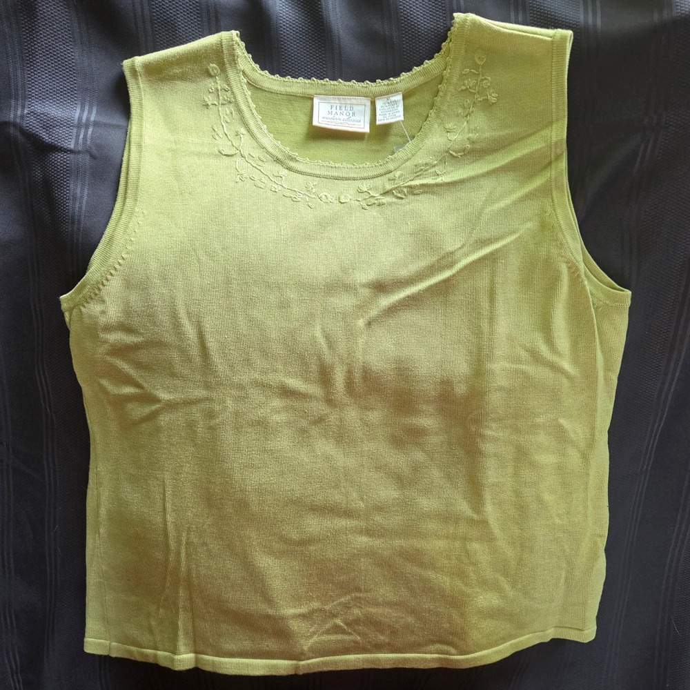 Field Manor Knit Tank Women XL Jasper Green NWT Silk Blend Floral Embroidered